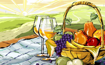 обоя рисованные, еда, поле, корзина, фрукты, листья, виноград, яблоки, груши, ветряки, солнце, вино, бокалы, скатерть, бананы, пикник