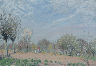 обоя apple-trees in flower louveciennes, рисованное, alfred sisley, люди, небо, цветение, сад, деревья, весна, облака