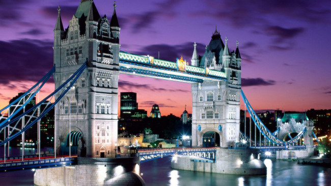 Обои картинки фото города, лондон , великобритания, мост, здания, дома, огни, закат, вечер, темза, река