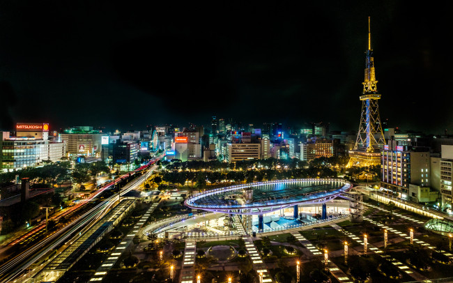 Обои картинки фото nagoya,  japan, города, - огни ночного города, огни, башня, ночь