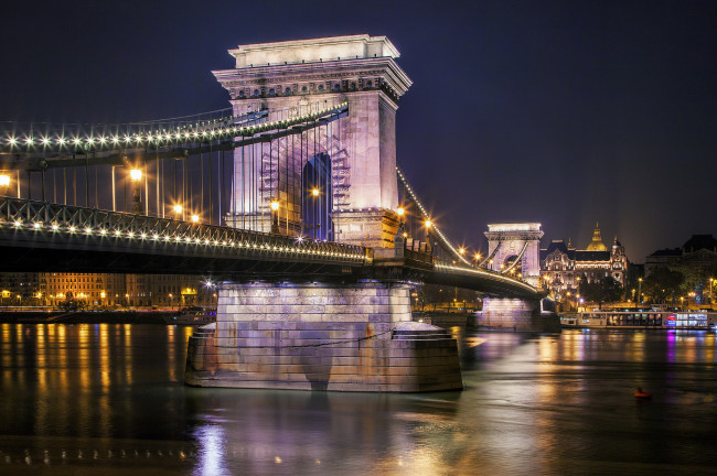 Обои картинки фото budapest - chain bridge, города, будапешт , венгрия, мост, река, ночь