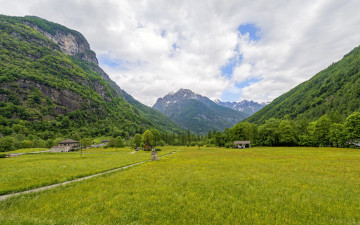 Картинка природа пейзажи облака долина трава ущелье деревья sonogno горы canton ticino швейцария