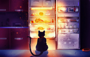 обоя рисованное, животные,  коты, холодильник, кот