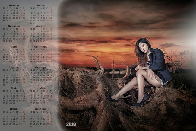 Обои картинки фото календари, девушки, корни, взгляд, закат