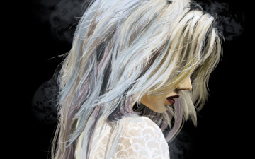 Картинка рисованное люди девушка волосы арт блондинка губы профиль черный фон