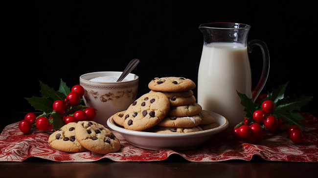 Обои картинки фото праздничные, угощения, ягоды, остролист, сахар, молоко, печенье
