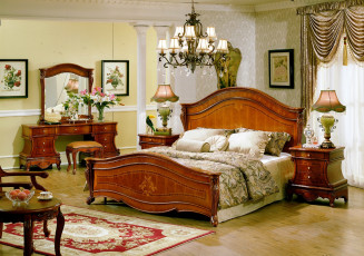 Картинка интерьер спальня картины трюмо лампы кровать люстра