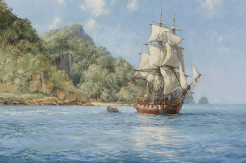 обоя montague, dawson, рисованные, фрегат, море, парусник, шлюпка, лодка, берег, остров