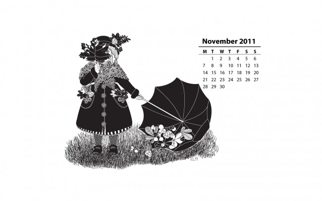 Обои картинки фото календари, рисованные, векторная, графика, девочка, зонт, листья