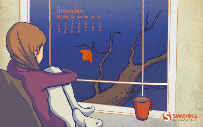 Обои картинки фото календари, рисованные, векторная, графика, дерево, листок, чашка, подоконник, девушка