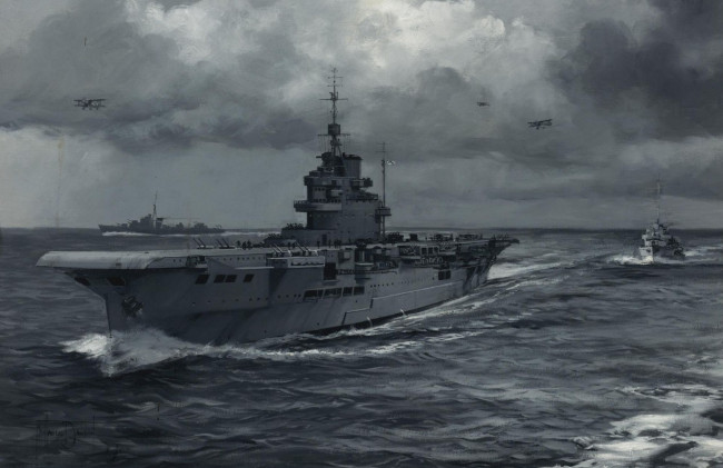 Обои картинки фото montague, dawson, рисованные, авианосец, море, самолёты