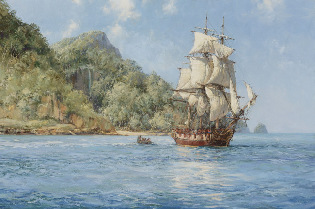 Обои картинки фото montague, dawson, рисованные, фрегат, море, парусник, шлюпка, лодка, берег, остров