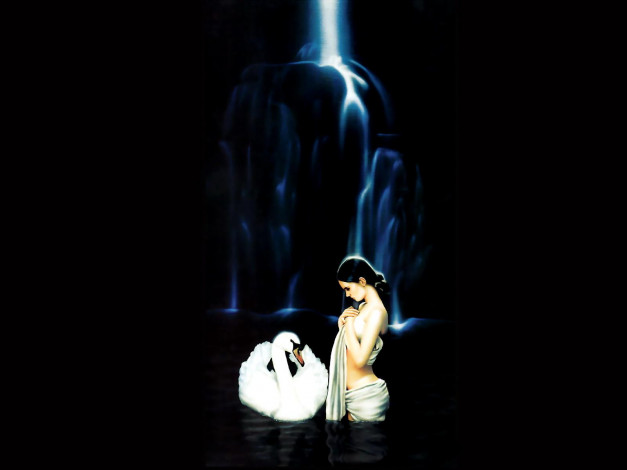 Обои картинки фото leda, and, the, swan, рисованные, carlos, cartagena, лебедь, водопад, ночь, озеро