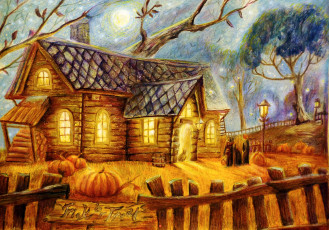 Картинка рисованные праздники тыква домик