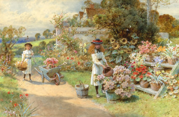 Картинка рисованные живопись william stephen coleman лето дети девочки шляпки цветы подсолнухи сад деревья дом корзинки тачка забор ручей дорожка настроение