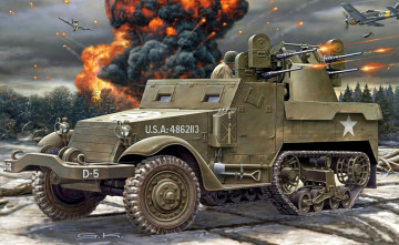 Картинка рисованные армия m3 half-track personnel carrier американский полугусеничный бронетранспортёр м16 счетверенная зсу пулеметы браунинг стрельба самолеты бомбы взрывы ww2