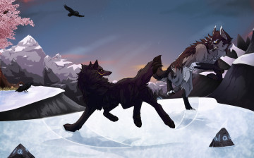 обоя рисованные, животные, волки, снег, зима, горы