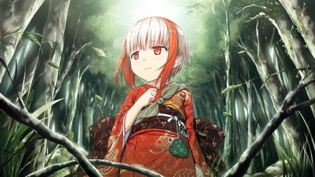 Обои картинки фото monobeno, аниме, девушка, кимоно, лес