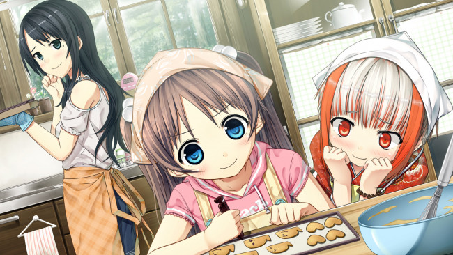Обои картинки фото monobeno, аниме, печенье, кухня, девушки