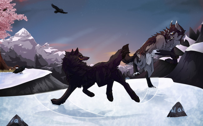 Обои картинки фото рисованные, животные, волки, снег, зима, горы
