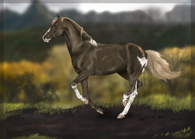 Обои картинки фото рисованные, животные, лошади, лошадь, лето, фон, трава