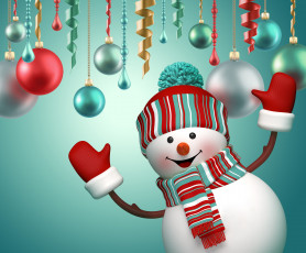 обоя праздничные, 3д графика , новый год, snowman, 3d, cute, merry, christmas, new, year, decoration, снеговик, новый, год, рождество, шары