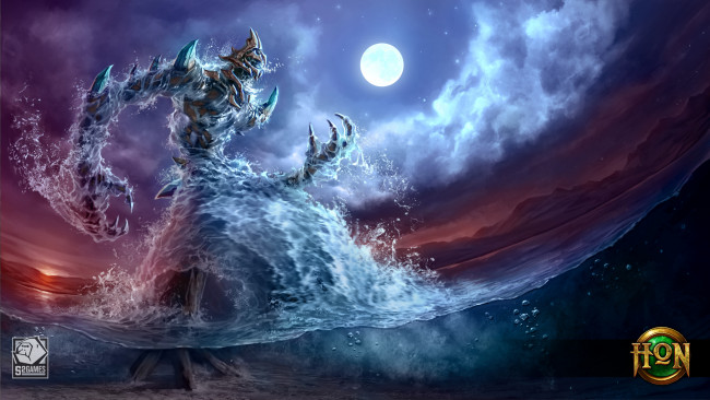 Обои картинки фото видео игры, heroes of newerth, море, вода, heroes, of, newerth, riptide, луна, облака, полнолуние, дно