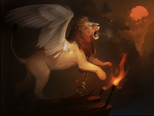 Картинка gaudibuendia рисованное животные +сказочные +мифические закат факел цепь крылья арт лев