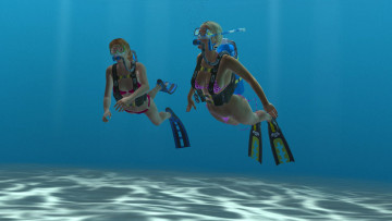 Картинка 3д+графика люди+ people девушки фон вода море акваланг трубка маска куапальник