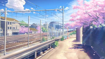 Картинка аниме город +улицы +здания поезд забор