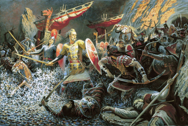 Обои картинки фото сеча на днепре, рисованное, борис ольшанский, брызги, река, битва, бой, войска, корабли