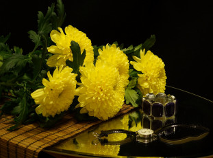 Картинка цветы хризантемы натюрморт желтое на черном