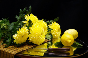Картинка еда цитрусы цветы хризантемы нож цитрус лимон