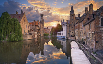 Картинка города брюгге+ бельгия закат дома канал