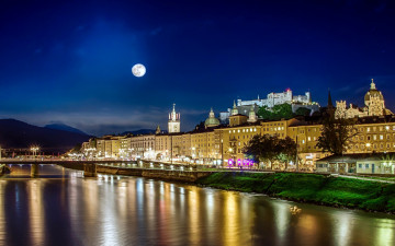 Картинка города зальцбург+ австрия мост река ночь луна