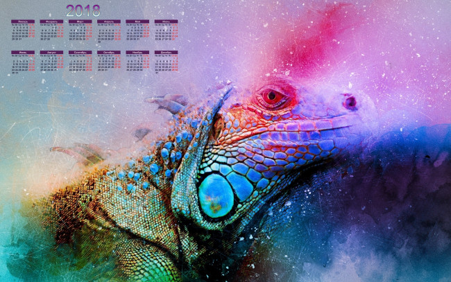 Обои картинки фото календари, компьютерный дизайн, игуана, абстракция, 2018