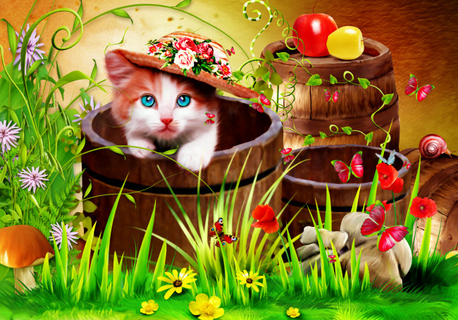 Обои картинки фото рисованное, животные, котенок, фон, бочки, шляпа, цветы, гриб