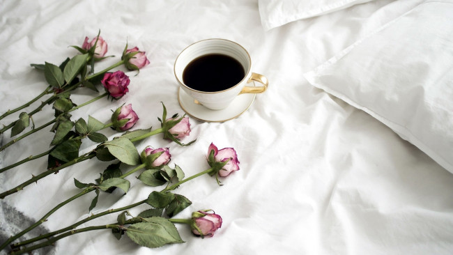 Обои картинки фото еда, кофе,  кофейные зёрна, бутоны, розы