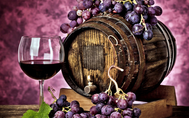 Обои картинки фото еда, напитки,  вино, бочка, вино, бокал, виноград