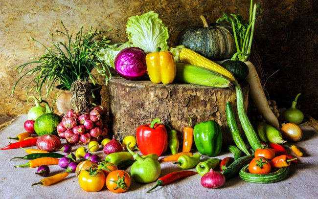 Обои картинки фото еда, овощи, помидоры, лук, капуста, перец
