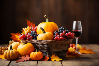 Картинка еда фрукты+и+овощи+вместе корзинка кленовые листья виноград тыквы вино