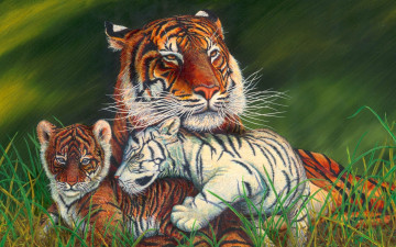 обоя рисованное, животные,  тигры, тигрица, тигрята