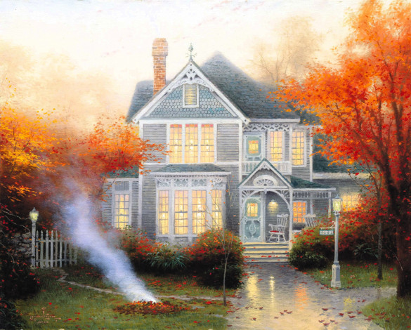 Обои картинки фото amber afternoon, рисованное, thomas kinkade, дом, сад, осень