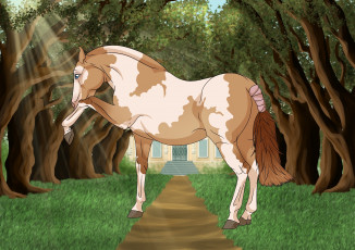 Картинка рисованные животные +лошади аллея лошадь