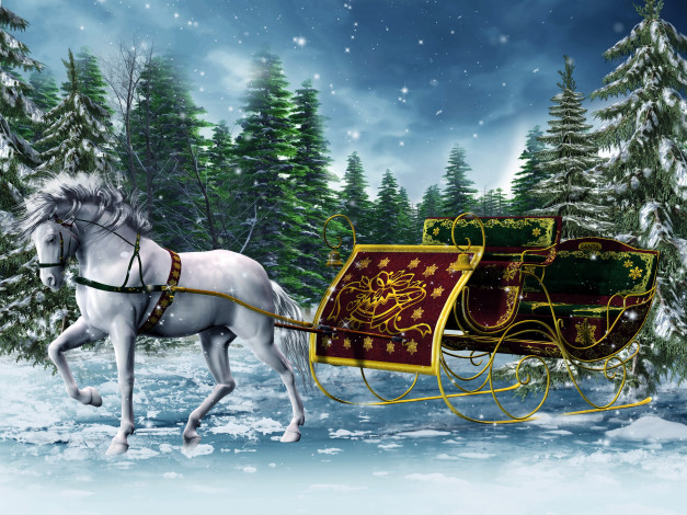 Обои картинки фото праздничные, 3д графика , новый год, зима, лес, снег, сани, конь