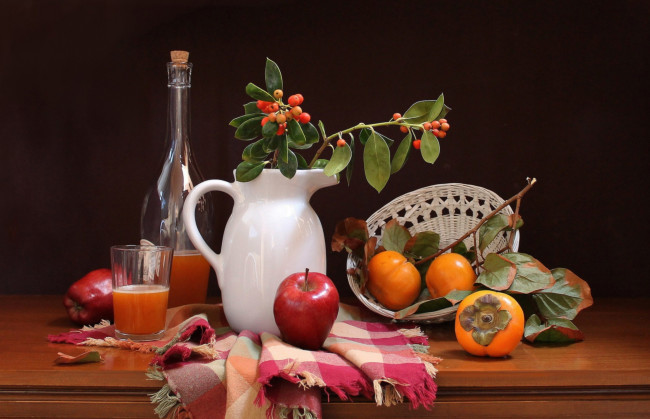 Обои картинки фото еда, натюрморт, хурма, яблоки, сок