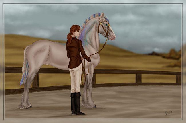 Обои картинки фото рисованные, животные,  лошади, наездник, лошадь