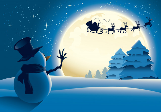 Обои картинки фото праздничные, векторная графика , новый год, санта-елаус, снег, звезды, снеговик, сани, олени, луна