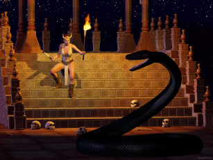 Картинка 3д+графика фантазия+ fantasy черепа лестница факел оружие девушка взгляд кастаника змея