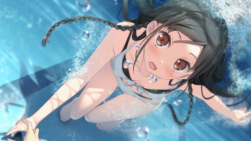Картинка аниме kantoku+ artbook koi suru kanojo no bukiyou na butai nanase sena kantoku арт девушка вода купальник рука взгляд пузырьки